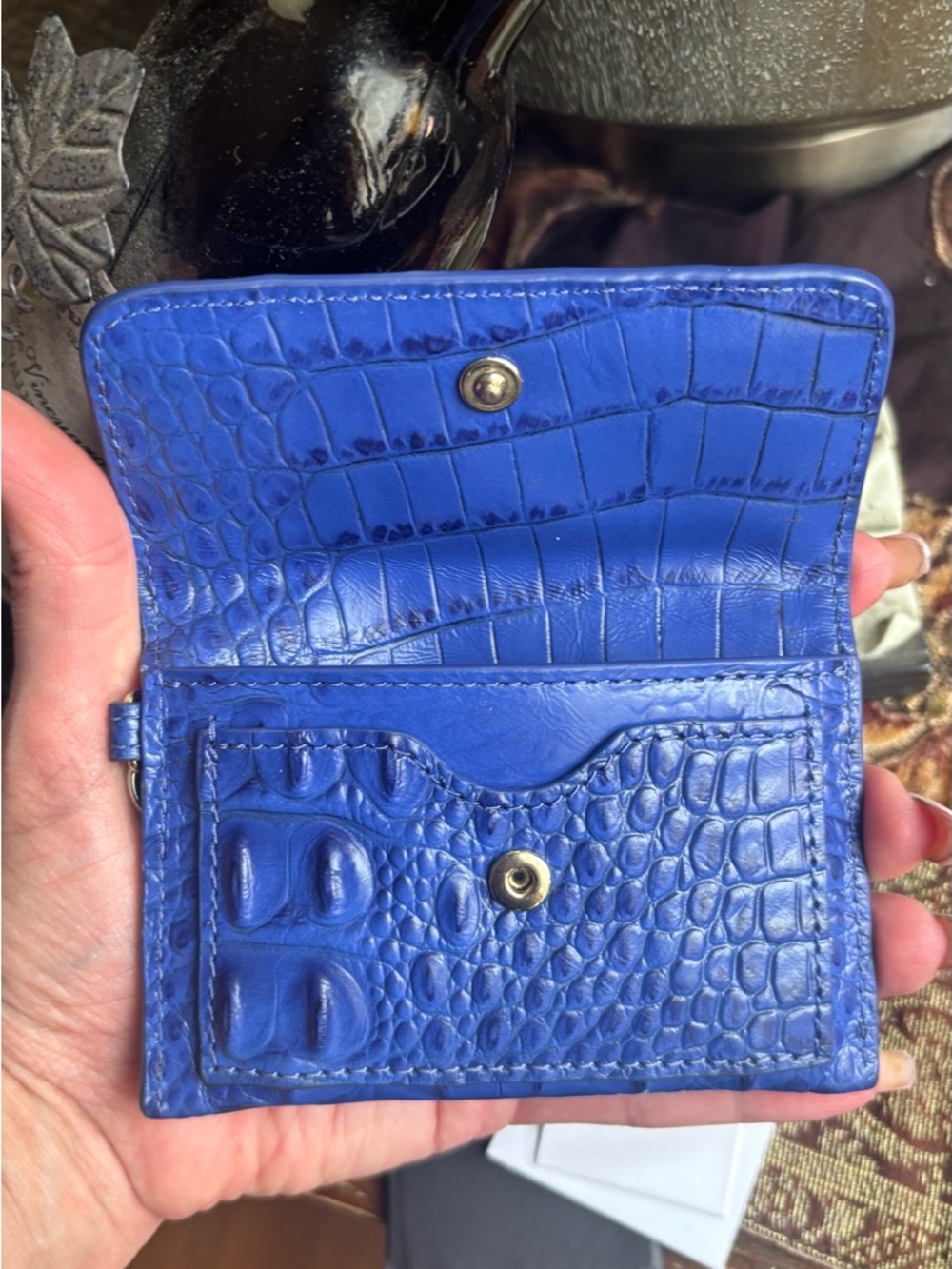 Authentic Brahmin Cobalt Croc-Embossed Leather snap flap Card Case w keychain - Picture 4 of 8